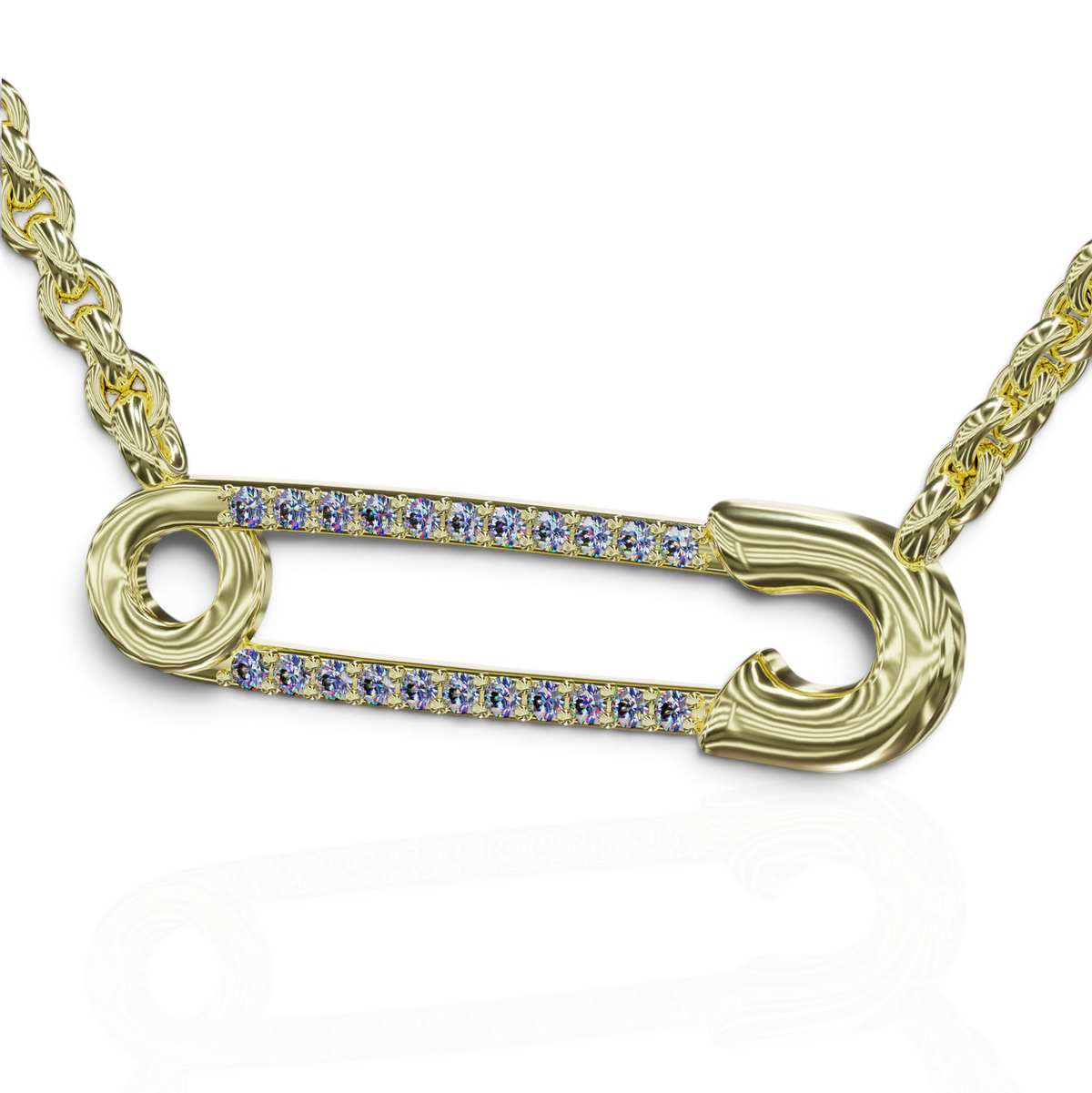 YFS Designs gold safety pin necklace featuring 1mm natural tanzanite gemstones on a textured cable chain.