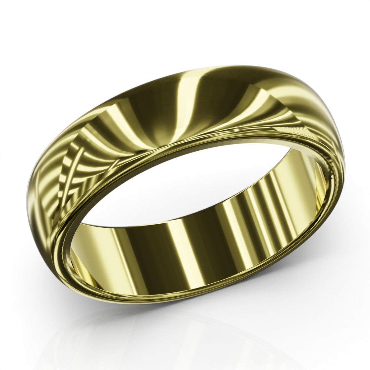YFS Designs 5mm gold wedding band with a domed profile and high-polish mirror finish for comfort fit wear.
