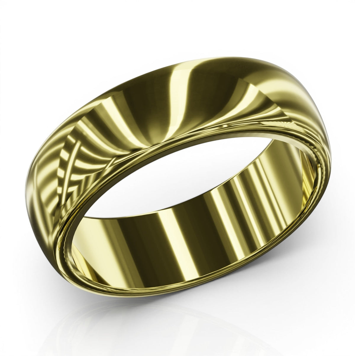 YFS Designs 5.5mm gold wedding band with a polished high-shine finish and a rounded comfort-fit interior.