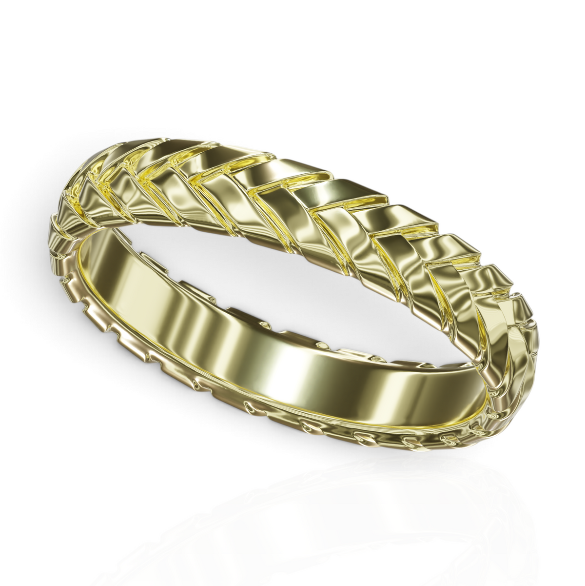 YFS Designs Hayden gold band ring featuring a 4mm wide intricate wicker twisted rope design for a stackable look.