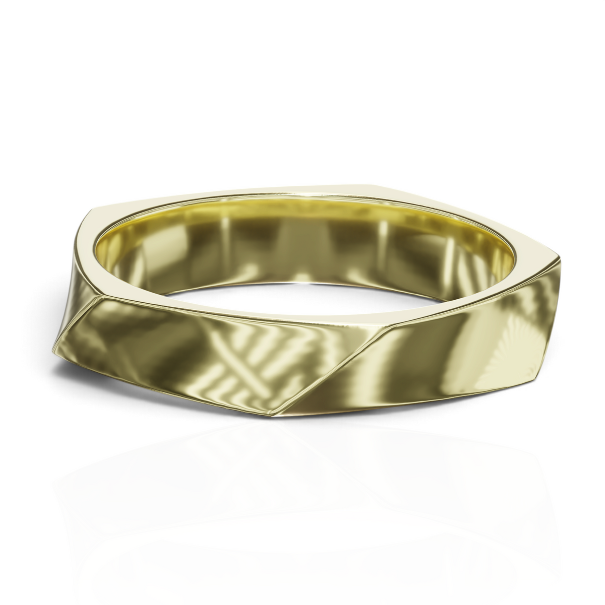 YFS Designs Ian geometric gold-tone wedding band with a faceted, angular silhouette and a polished metallic finish.