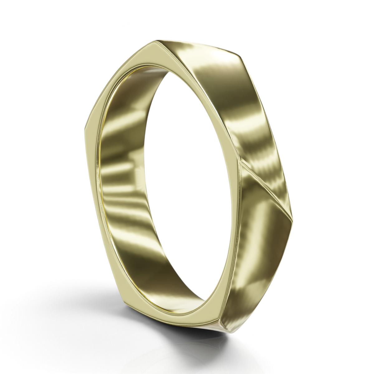 YFS Designs Ian gold-tone geometric wedding band with a polished faceted architectural silhouette