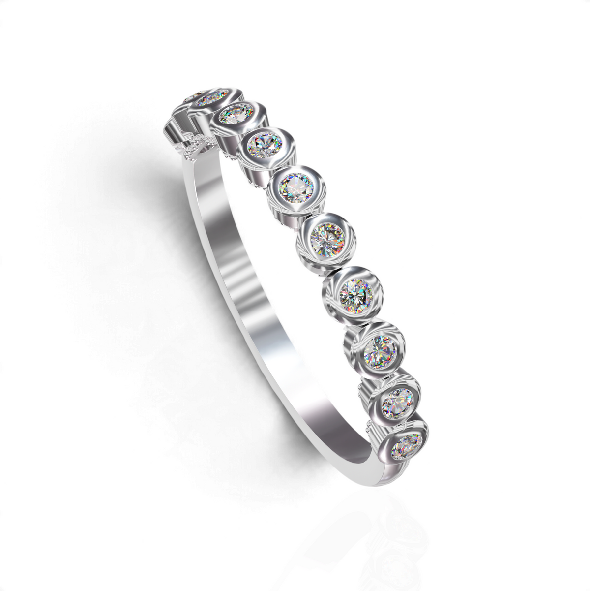 YFS Designs Jane silver bezel-set diamond eternity band with brilliant-cut stones for a modern wedding ring style.