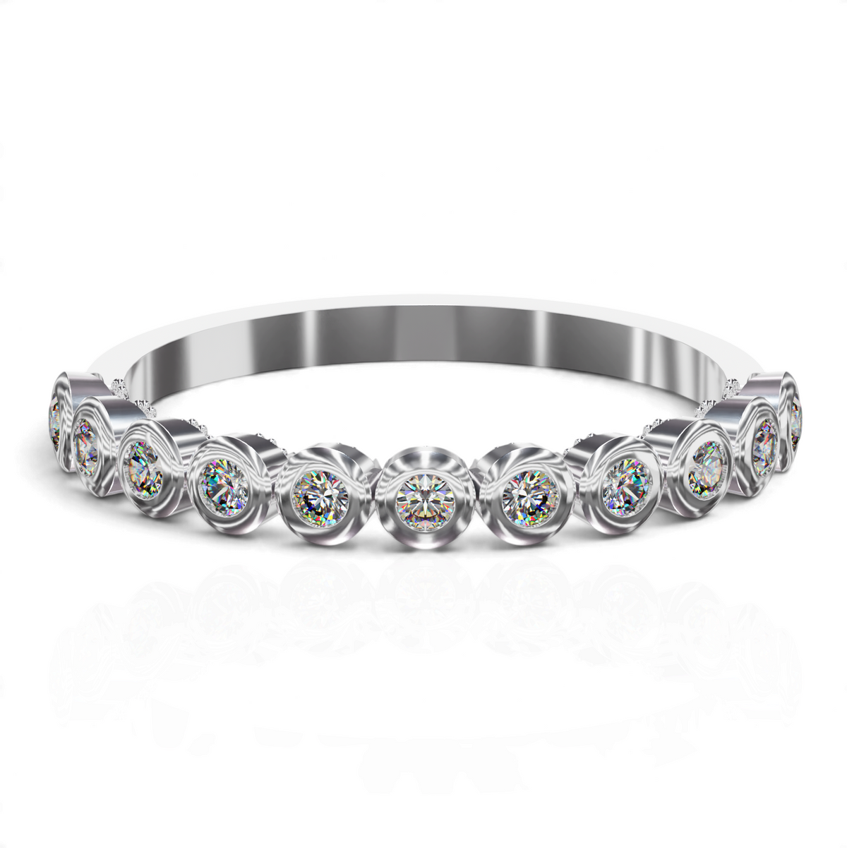 YFS Designs Jane silver eternity ring featuring a continuous row of brilliant-cut stones in a secure bezel setting.