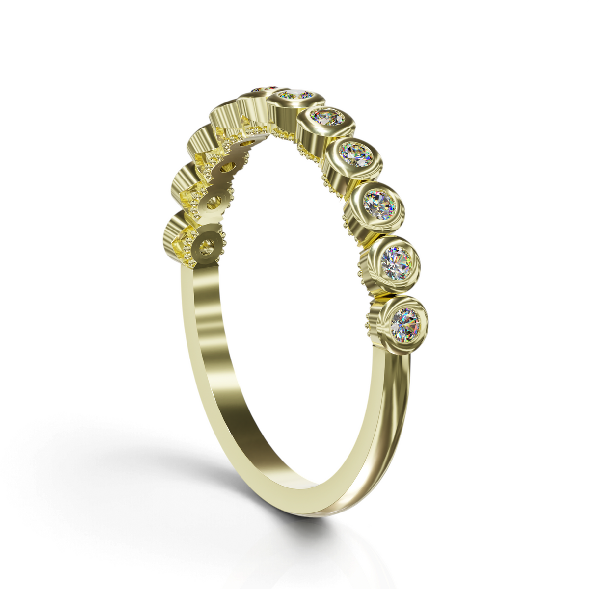 YFS Designs Jane gold ring featuring a row of brilliant-cut stones in secure bezel settings for a modern look.