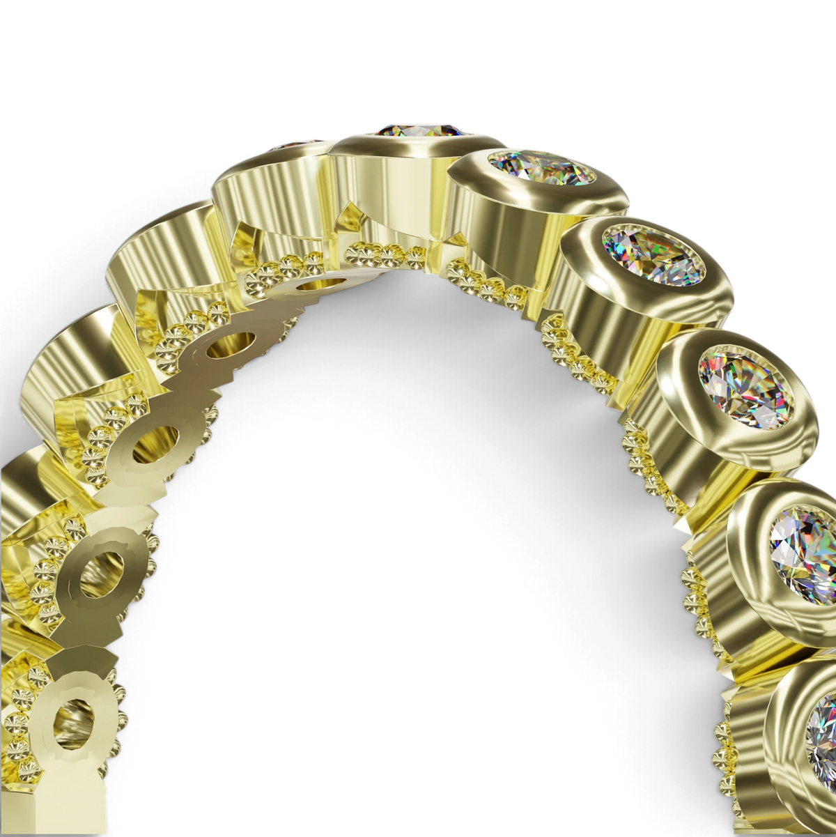 YFS Designs Jane gold bezel-set eternity ring featuring a continuous row of brilliant-cut sparkling stones.