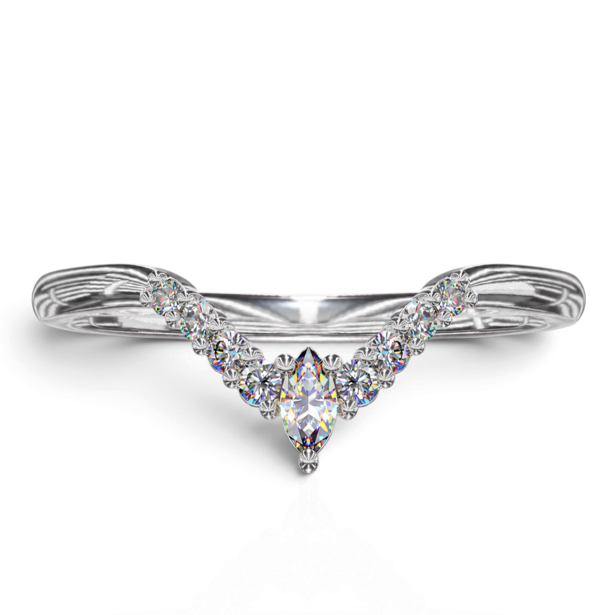 YFS Designs Johanna chevron wedding band in polished 14K white gold with round and marquise-cut diamonds in a V-shape
