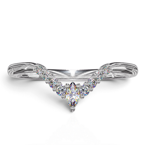 YFS Designs Johanna chevron wedding band in polished 14K white gold with round and marquise-cut diamonds in a V-shape