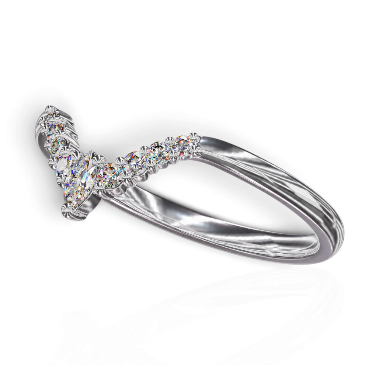 YFS Designs Johanna chevron wedding band in polished precious metal with a marquise diamond and round-cut accents.