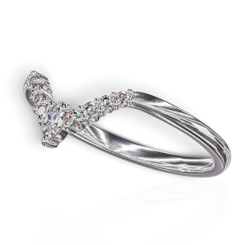 YFS Designs Johanna chevron wedding band in polished precious metal with a marquise diamond and round-cut accents.