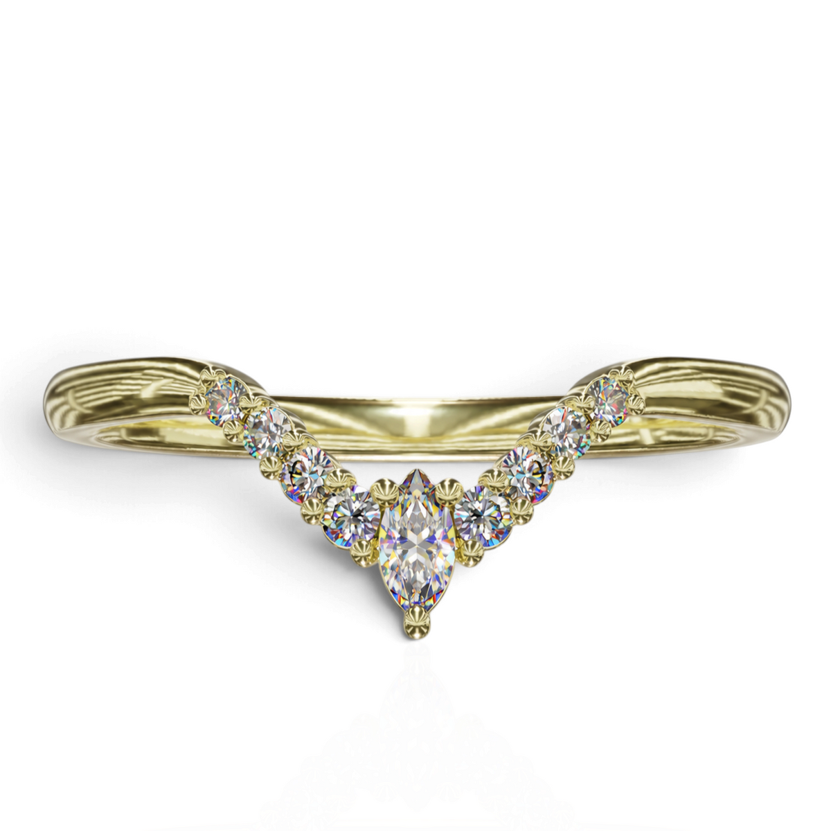 YFS Designs Johanna chevron wedding band in gold with round and marquise-cut diamonds in a V-shaped silhouette.