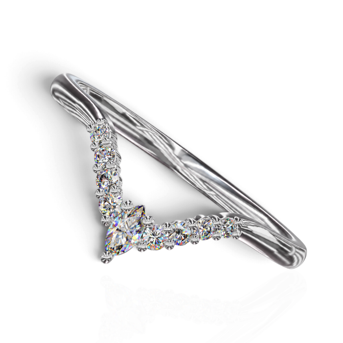 YFS Designs Johanna chevron wedding band featuring a marquise-cut diamond and round-cut diamonds in precious metal.