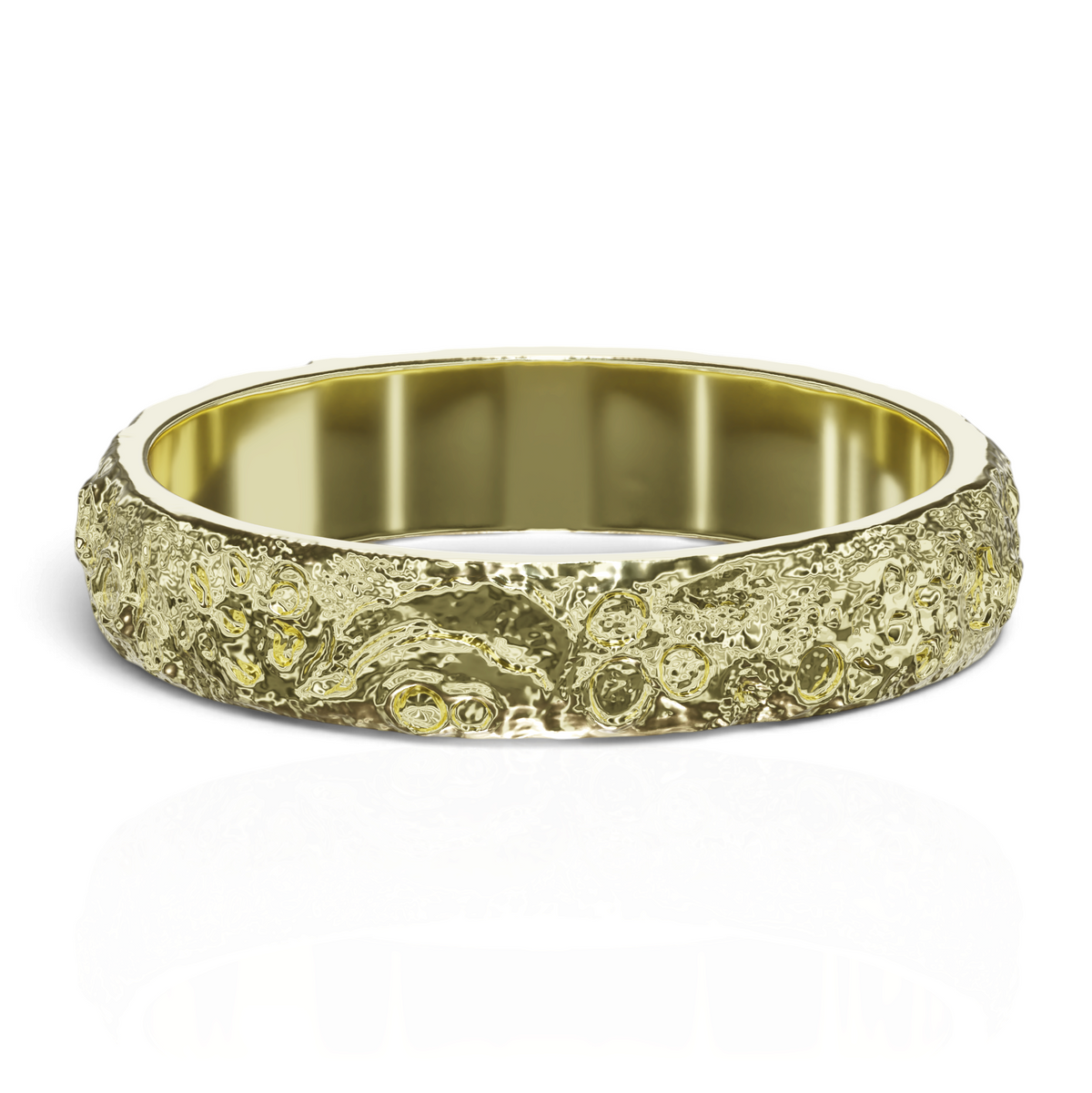 YFS Designs Luna Piena gold ring with a textured cratered surface inspired by the moon and a smooth polished interior