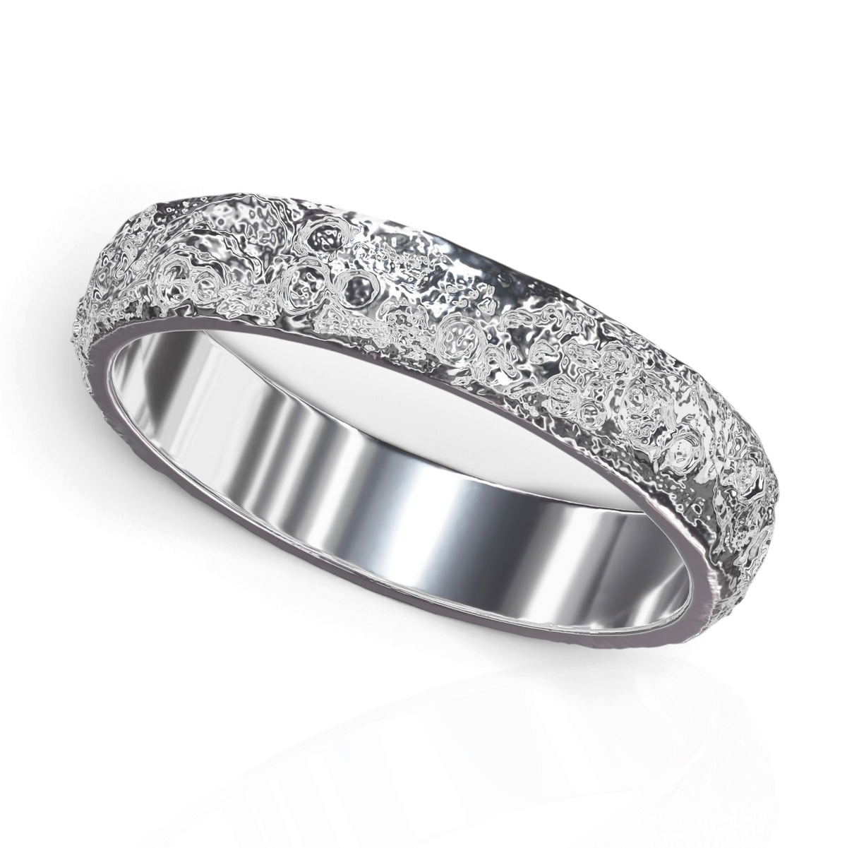 YFS Designs Luna Piena silver ring with a textured moon-inspired crater surface and a smooth polished interior band.