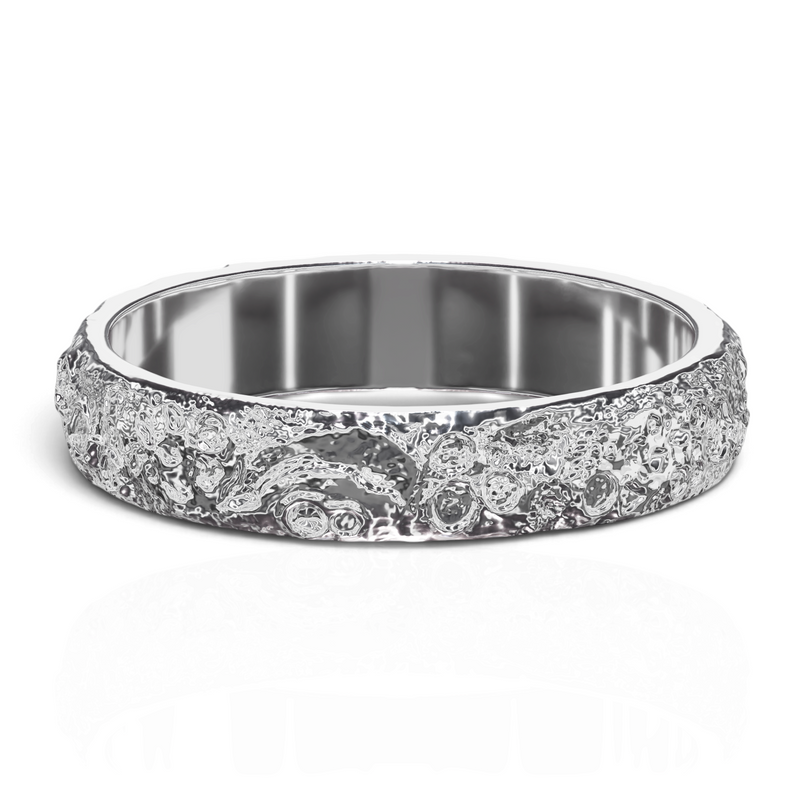 YFS Designs Luna Piena ring featuring a textured cratered moon surface in polished silver with a smooth interior band.