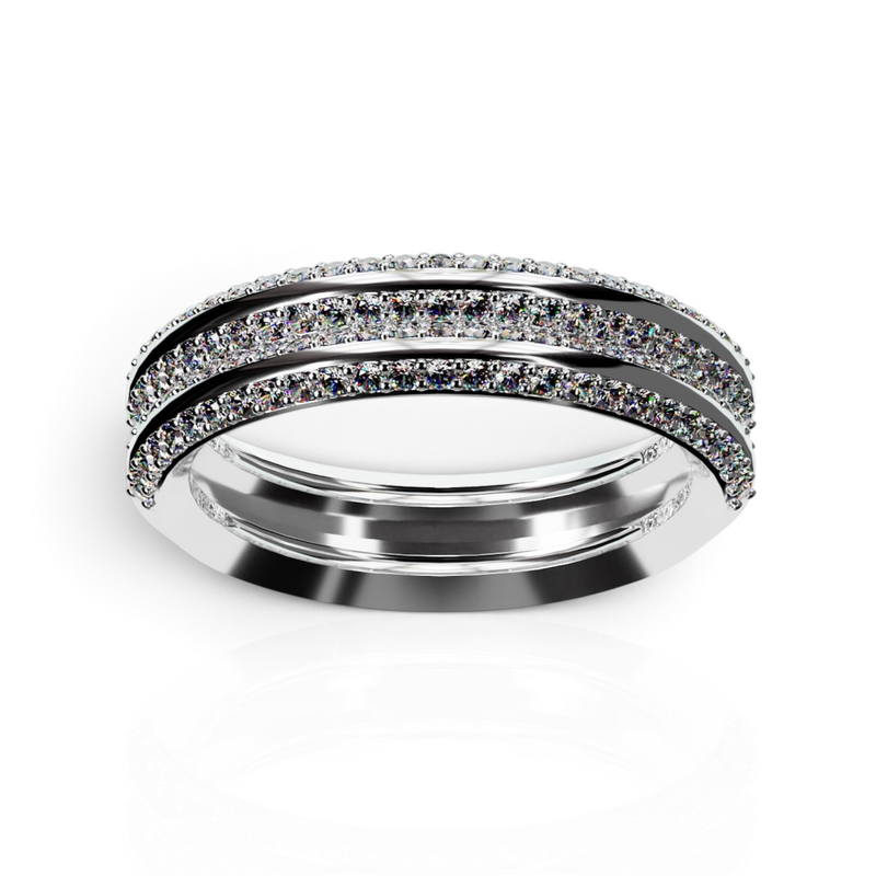 YFS Designs Lyra 3mm 14K white gold band ring featuring two rows of sparkling stones in a layered, polished finish.