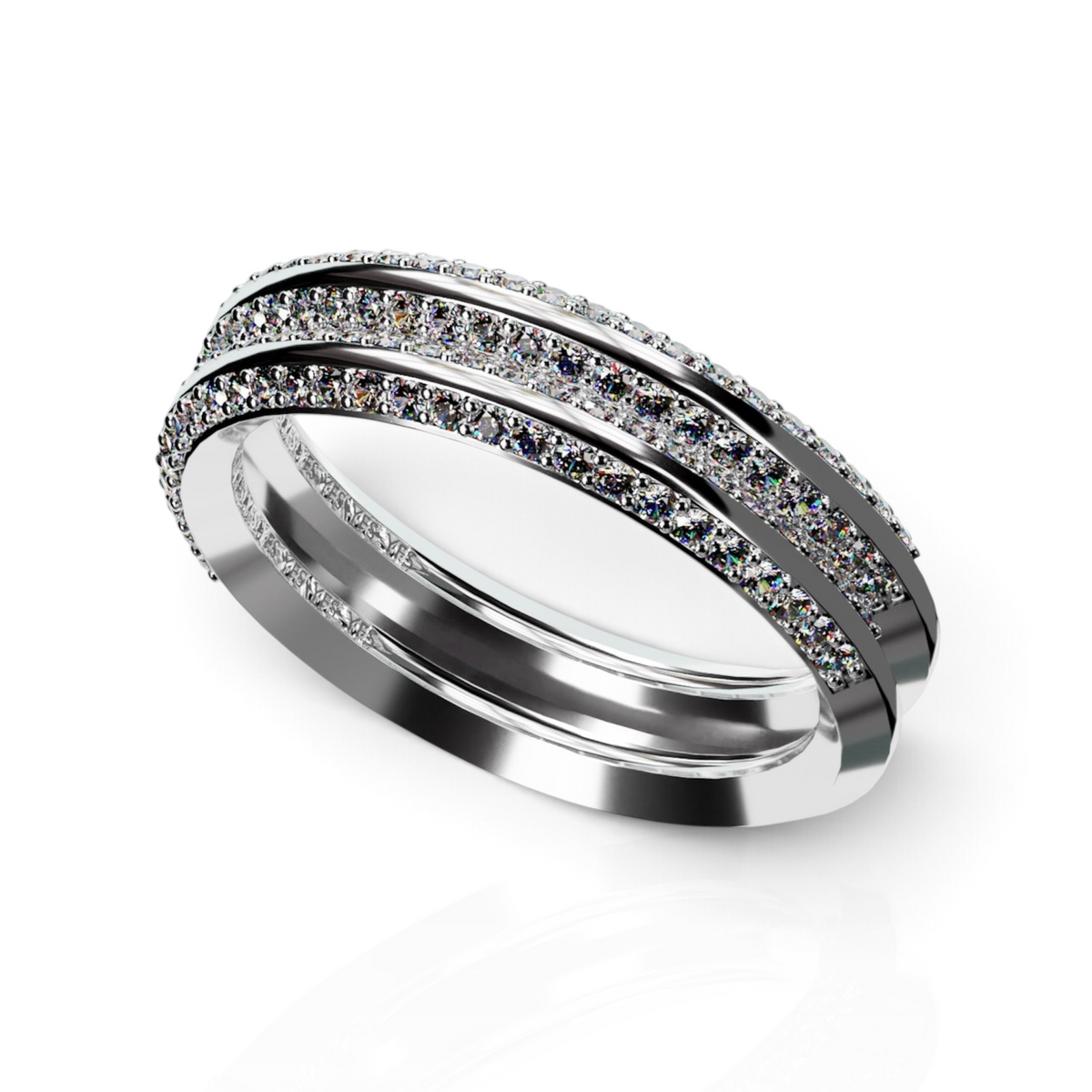 YFS Designs Lyra 3mm 14K white gold band ring featuring two rows of brilliant sparkling stones on a polished finish