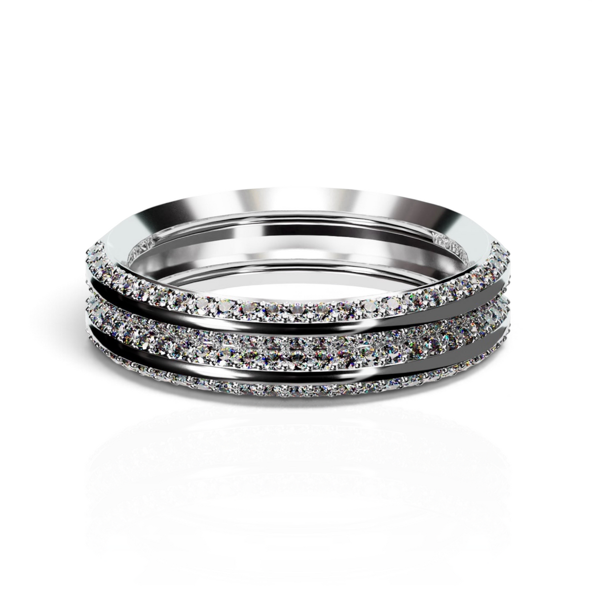 YFS Designs Lyra 3mm 14K white gold ring featuring two rows of sparkling stones in a layered, modern band design.