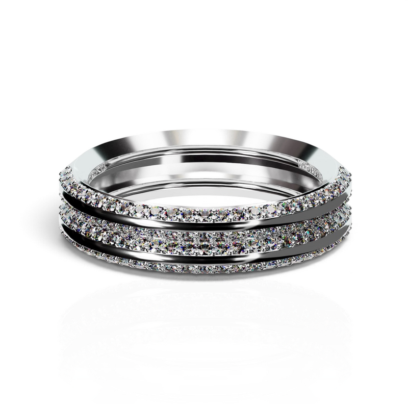 YFS Designs Lyra 3mm 14K white gold ring featuring two rows of sparkling stones in a layered, modern band design.