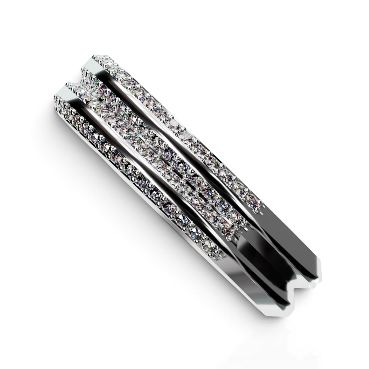 YFS Designs Lyra 3mm 14K white gold band ring featuring two rows of sparkling pavé stones on a polished metal surface.