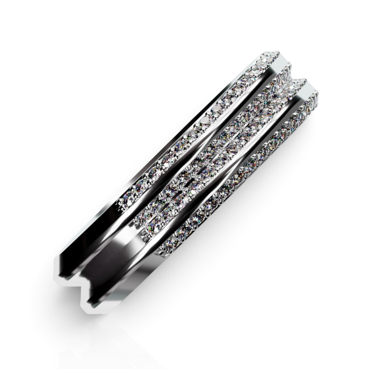 YFS Designs Lyra 3mm 14K white gold ring featuring two rows of sparkling stones in a multi-layered band design.