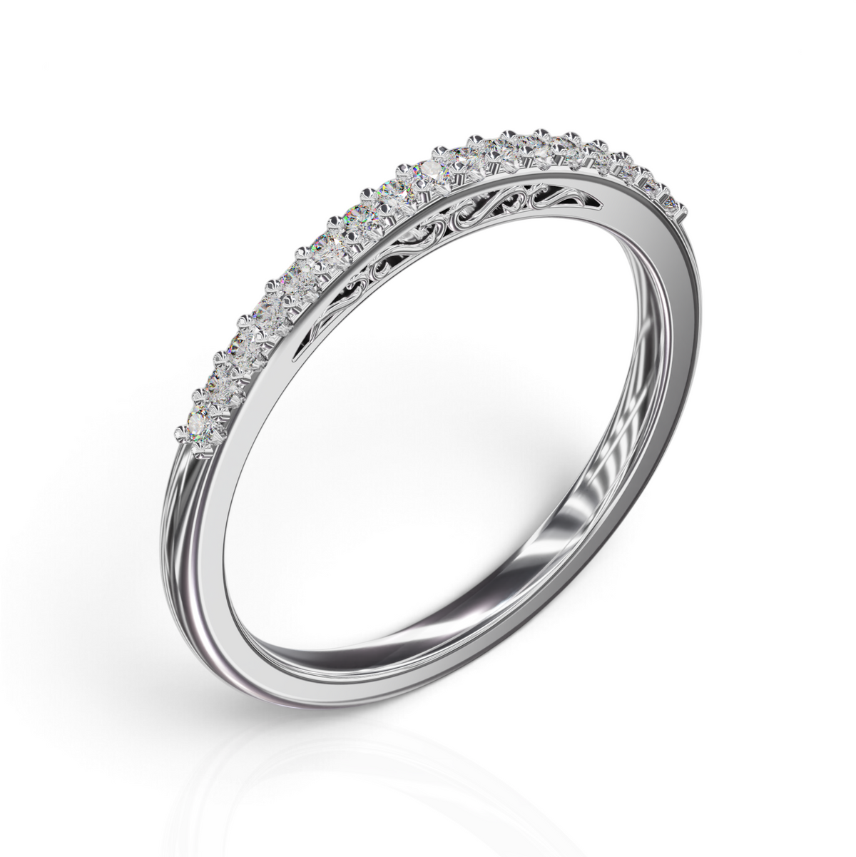 YFS Designs Mariela 14K white gold wedding band with shimmering diamonds and intricate filigree scrollwork on the side profile