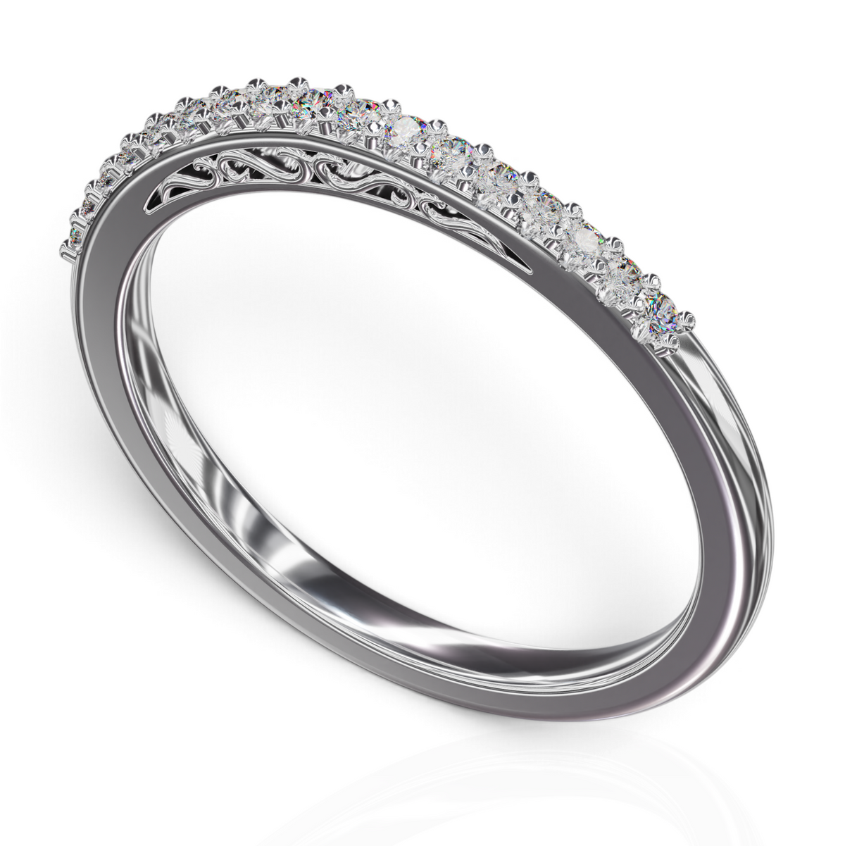 YFS Designs Mariela 14K white gold wedding band with shimmering diamonds and intricate filigree scrollwork on the side profile.