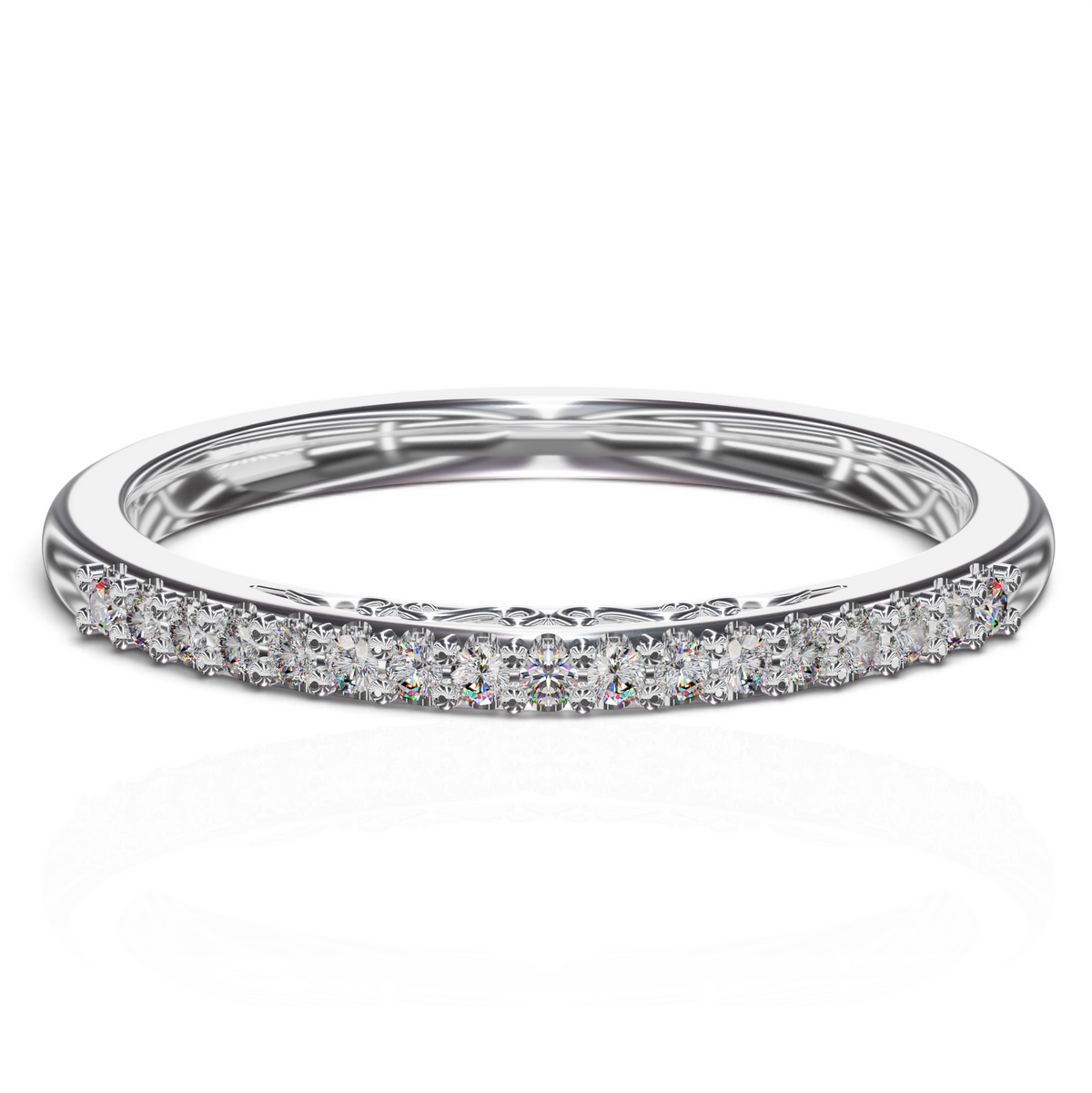 YFS Designs Mariela vintage wedding band with shimmering diamonds and intricate filigree scrollwork in polished 14K white gold