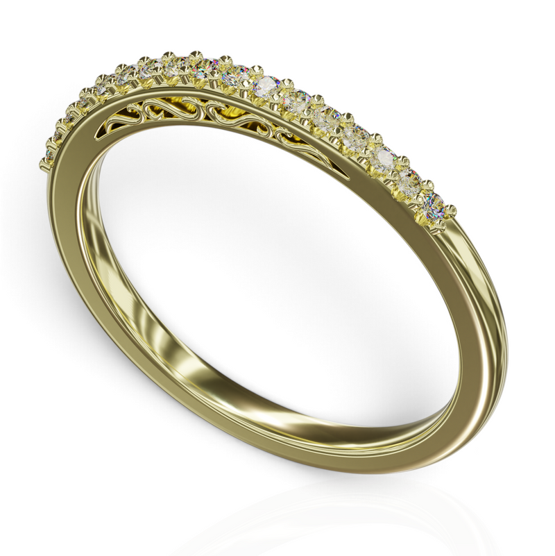 YFS Designs Mariela gold wedding band with shimmering diamonds and intricate filigree scrollwork on the side profile.