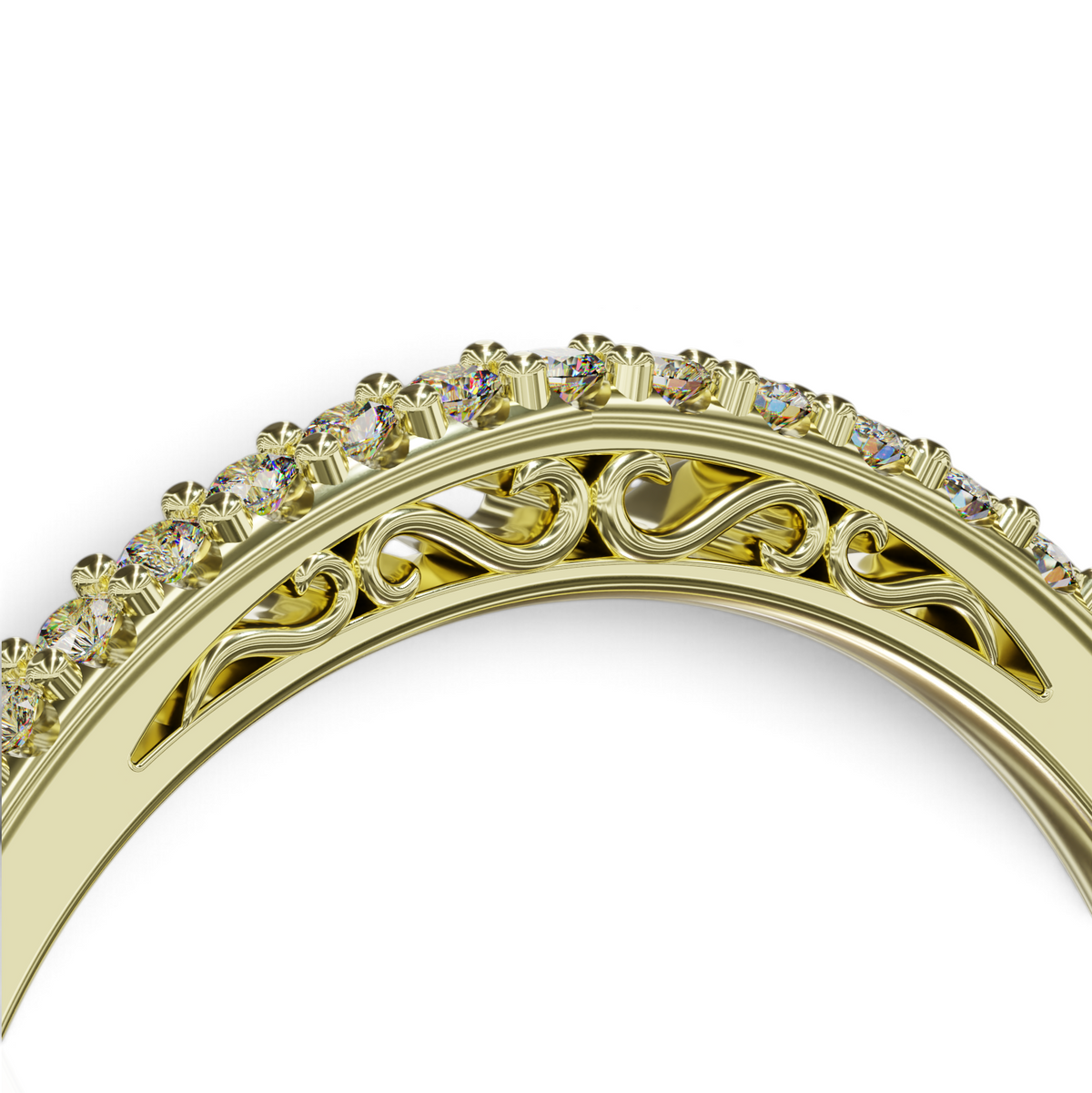 YFS Designs Mariela gold wedding band with a row of diamonds and intricate filigree scrollwork on the side profile.