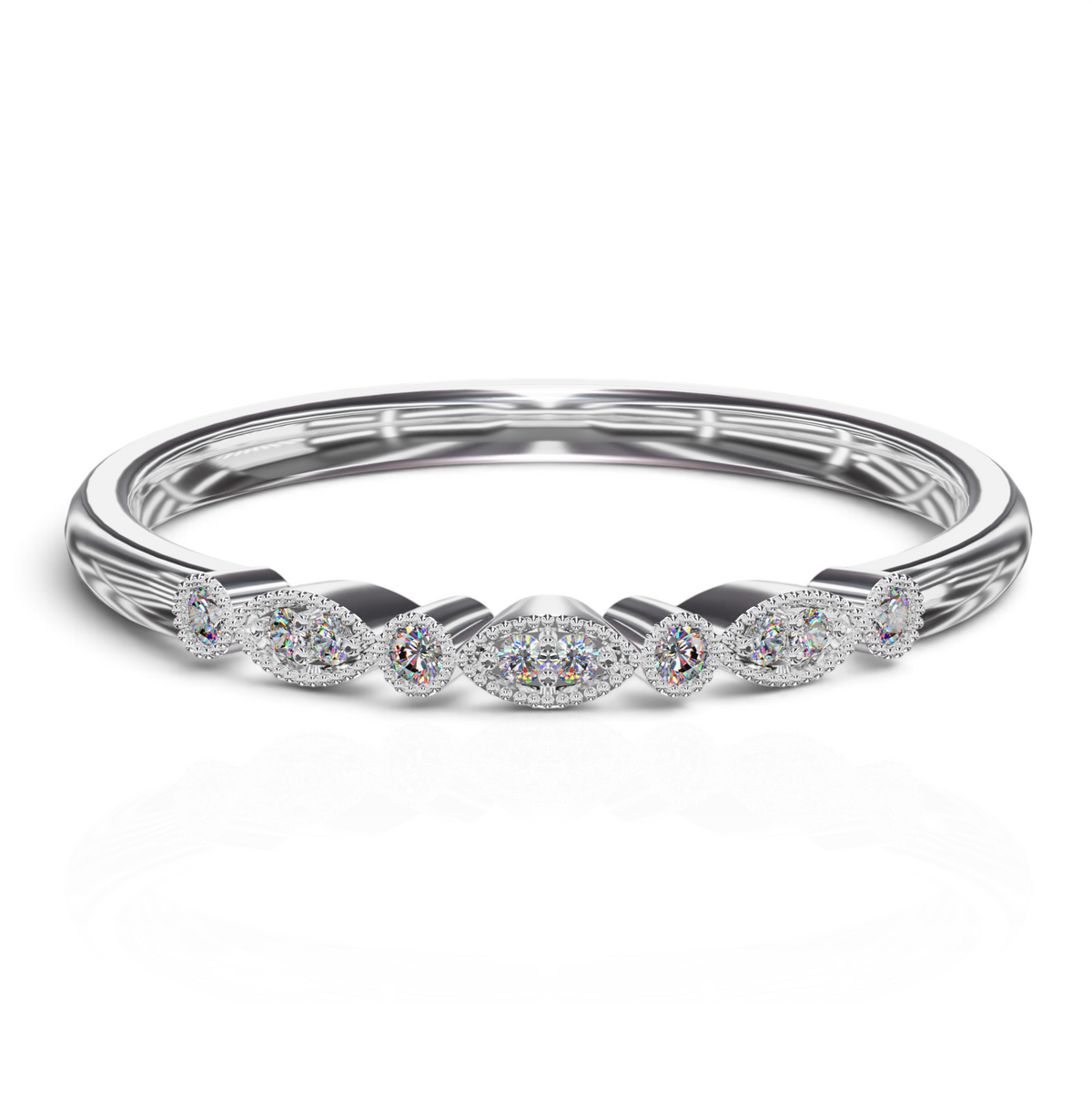 YFS Designs Maritza vintage band featuring marquise and round lab-grown diamonds with milgrain detail in 14K white gold.