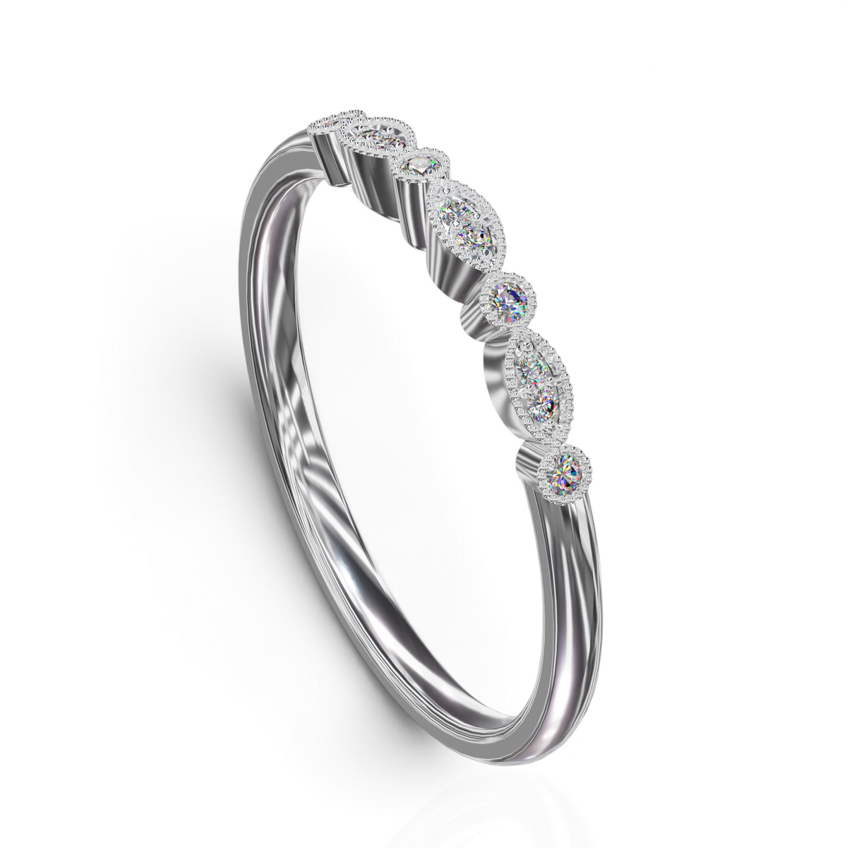 YFS Designs Maritza vintage band featuring marquise and round lab-grown diamonds with milgrain detail in 14K white gold.