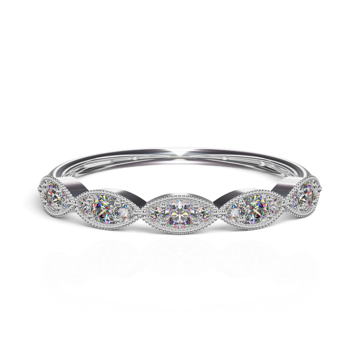 YFS Designs Yolanda stackable band with round lab-grown diamonds in marquise-shaped settings and milgrain detailing.