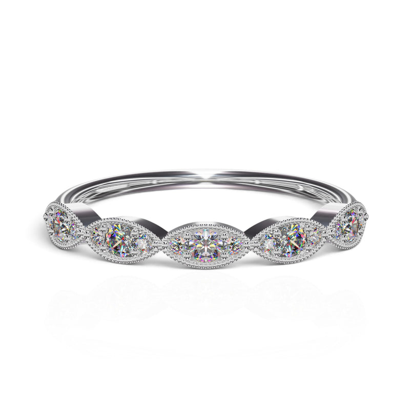 YFS Designs Yolanda stackable band with round lab-grown diamonds in marquise-shaped settings and milgrain detailing.