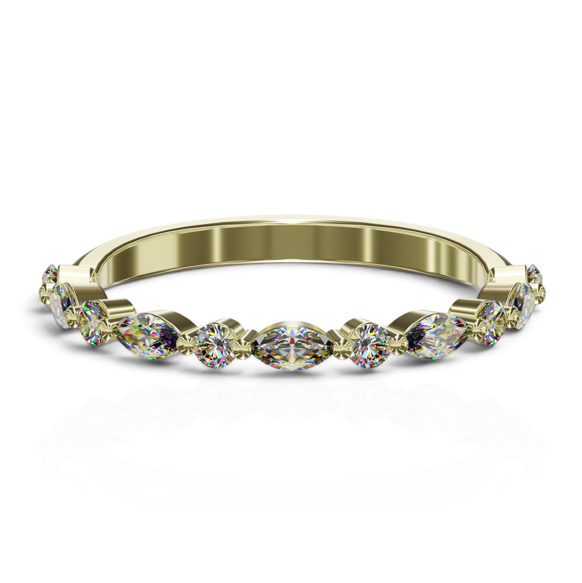 YFS Designs Stephanie wedding band featuring alternating marquise and round diamonds in a shared prong gold setting.