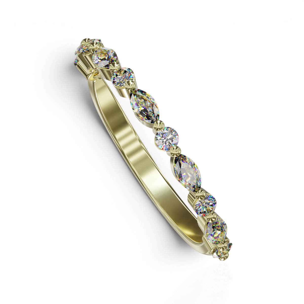 YFS Designs Stephanie wedding band featuring alternating marquise and round diamonds in a shared prong gold setting.