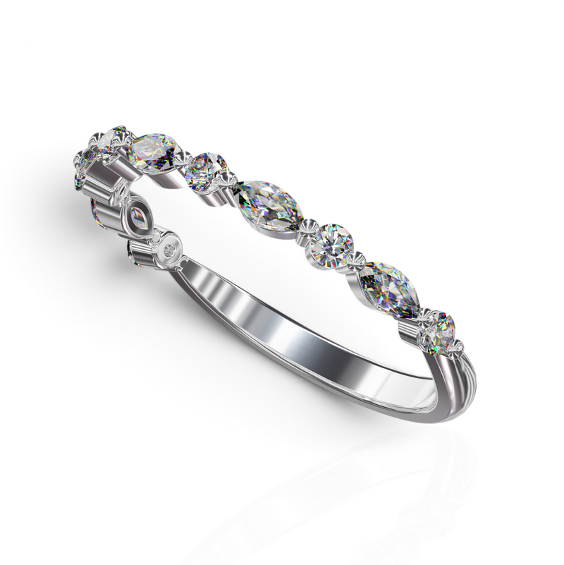 YFS Designs Stephanie diamond wedding band featuring alternating marquise and round stones in a shared prong setting.