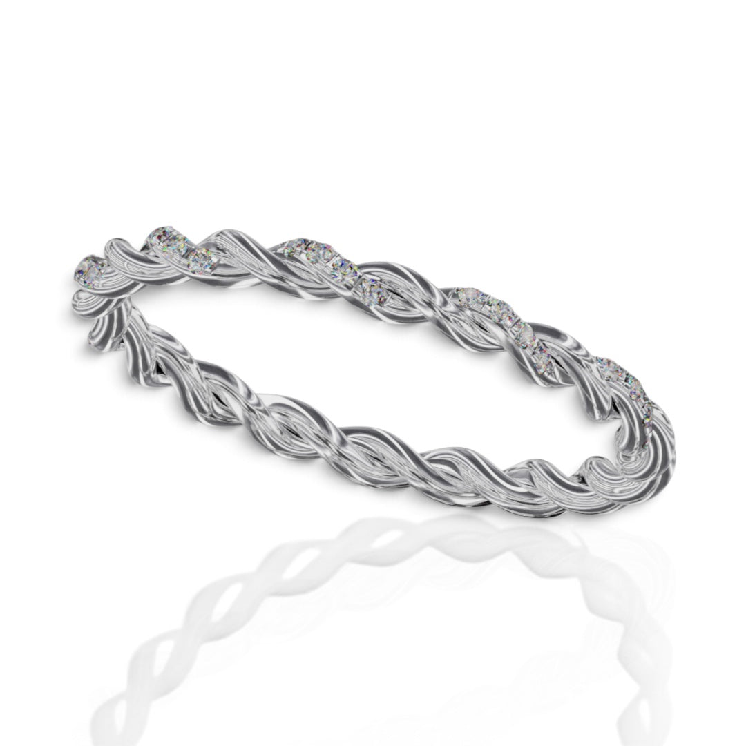 YFS Designs Miranda stackable ring featuring a twisted rope design with lab-grown round diamonds in silver metal.