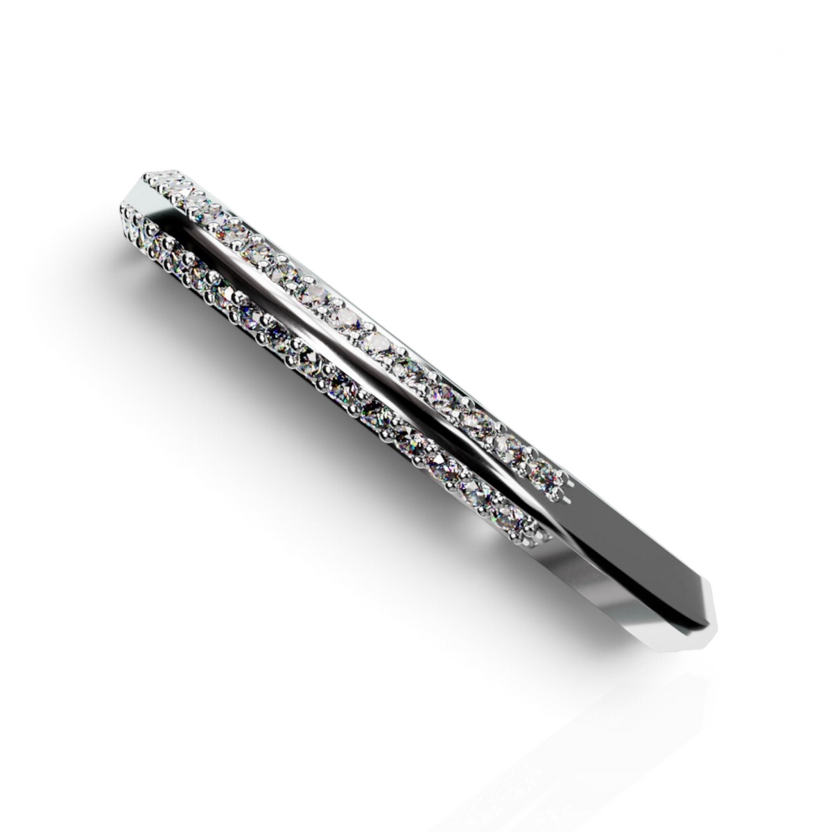 YFS Designs Nova double row pave diamond band in 14K white gold with a sleek central channel and 1mm round stones.