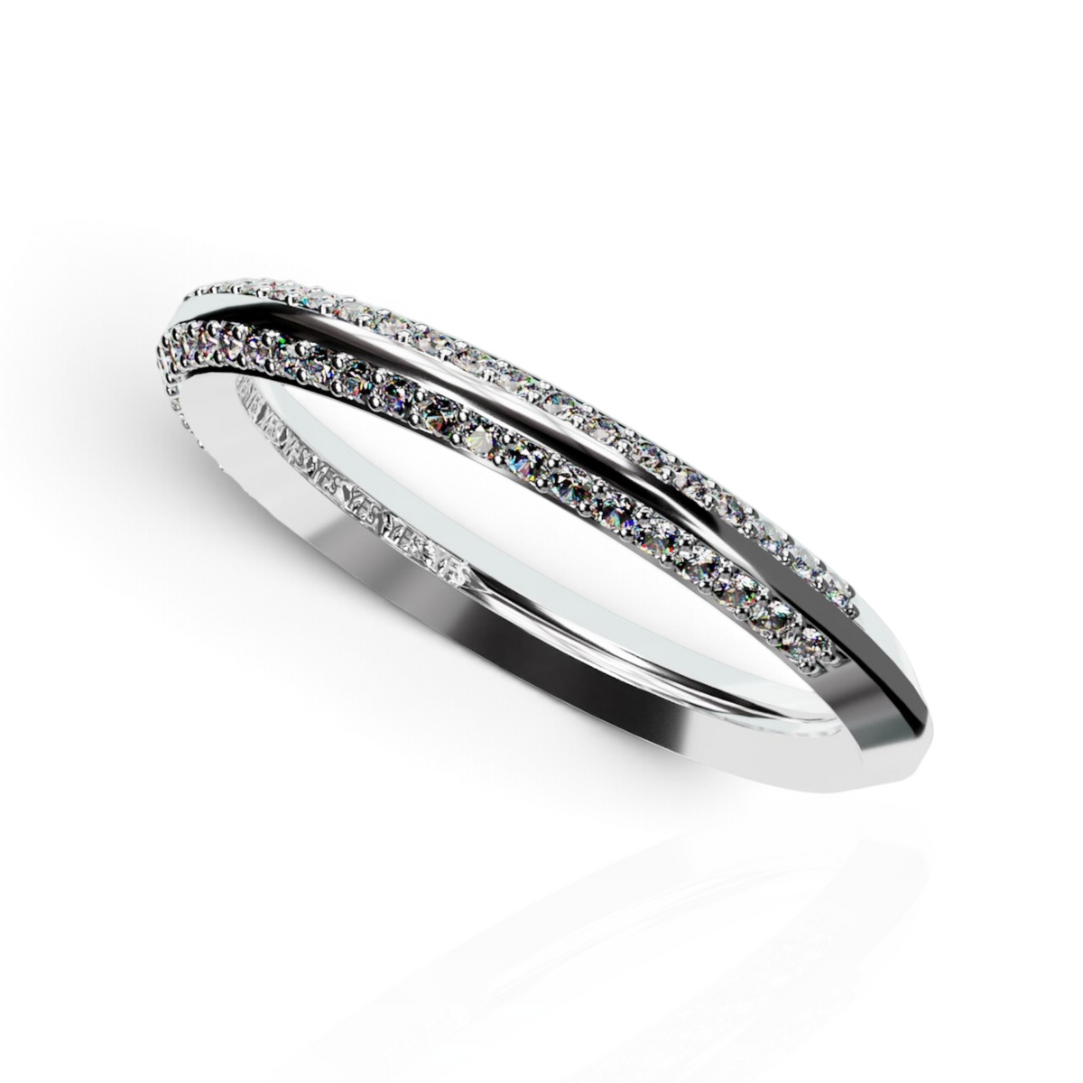 YFS Designs Nova double row pave diamond band in 14K white gold with 1.5mm width and sparkling 1mm round stones