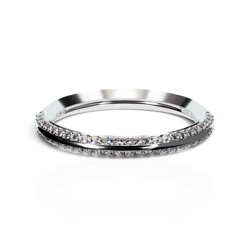 YFS Designs Nova double row pave diamond band in 14K white gold with a central channel and 1mm round stones.