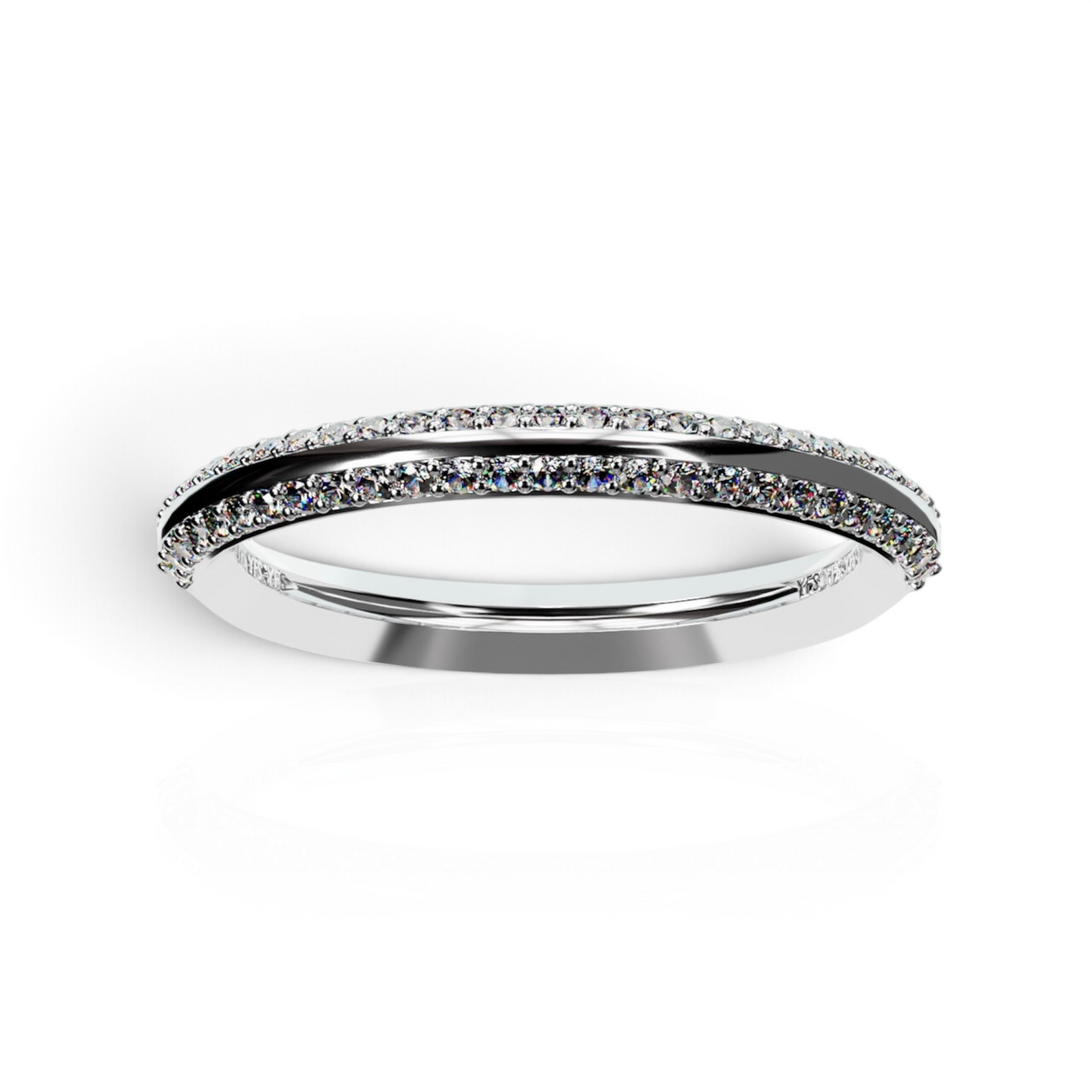YFS Designs Nova double row pave diamond band in 14K white gold with a central channel and sparkling 1mm round diamonds.