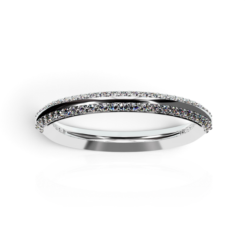 YFS Designs Nova double row pave diamond band in 14K white gold with a central channel and sparkling 1mm round diamonds.