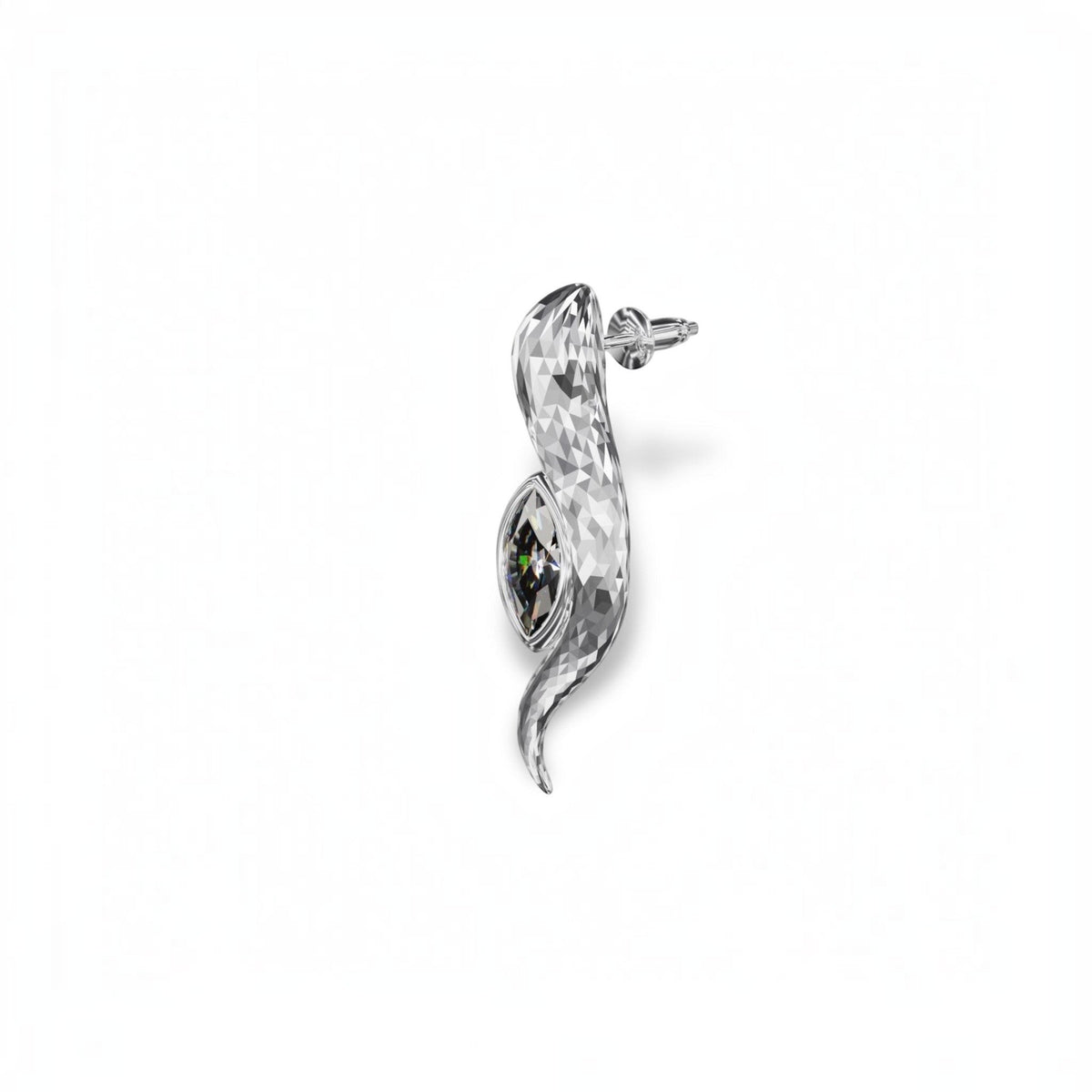 YFS Designs Petite Snake stud earring featuring a faceted silver body and a marquise-cut lab-grown moissanite stone.