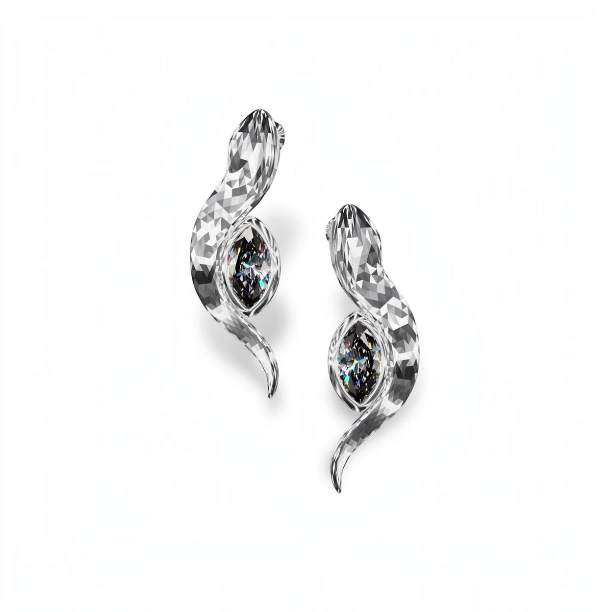 YFS Designs petite snake stud earrings featuring lab grown moissanite diamonds in a 10mm silver-toned textured finish.