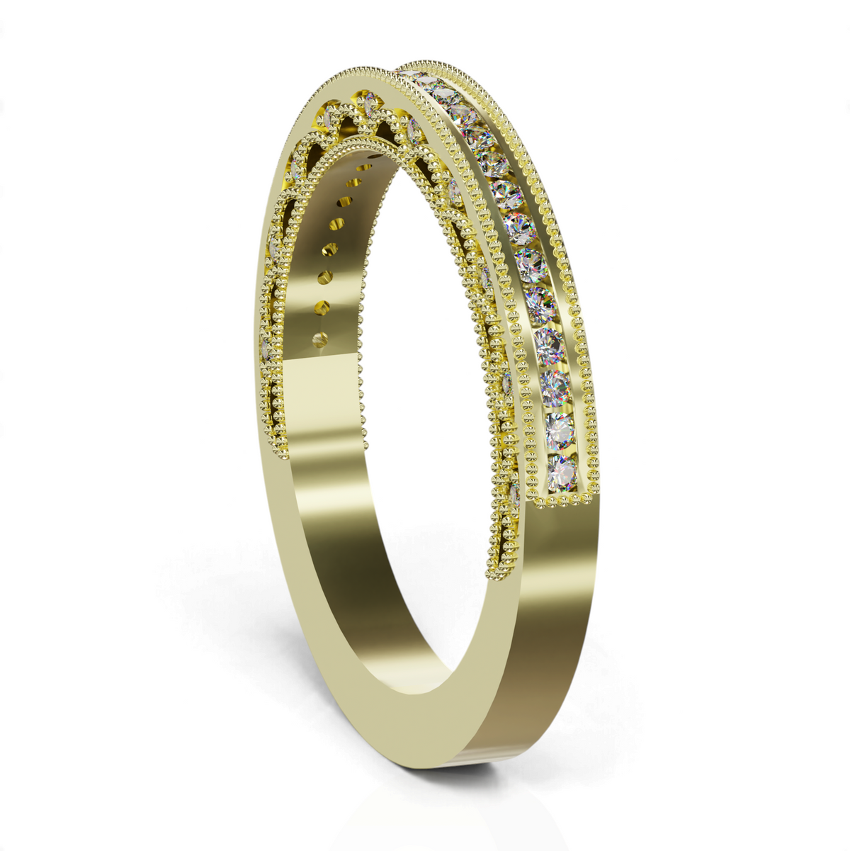 YFS Designs Rhaenyra yellow gold diamond band featuring a channel setting and intricate milgrain edge detailing.