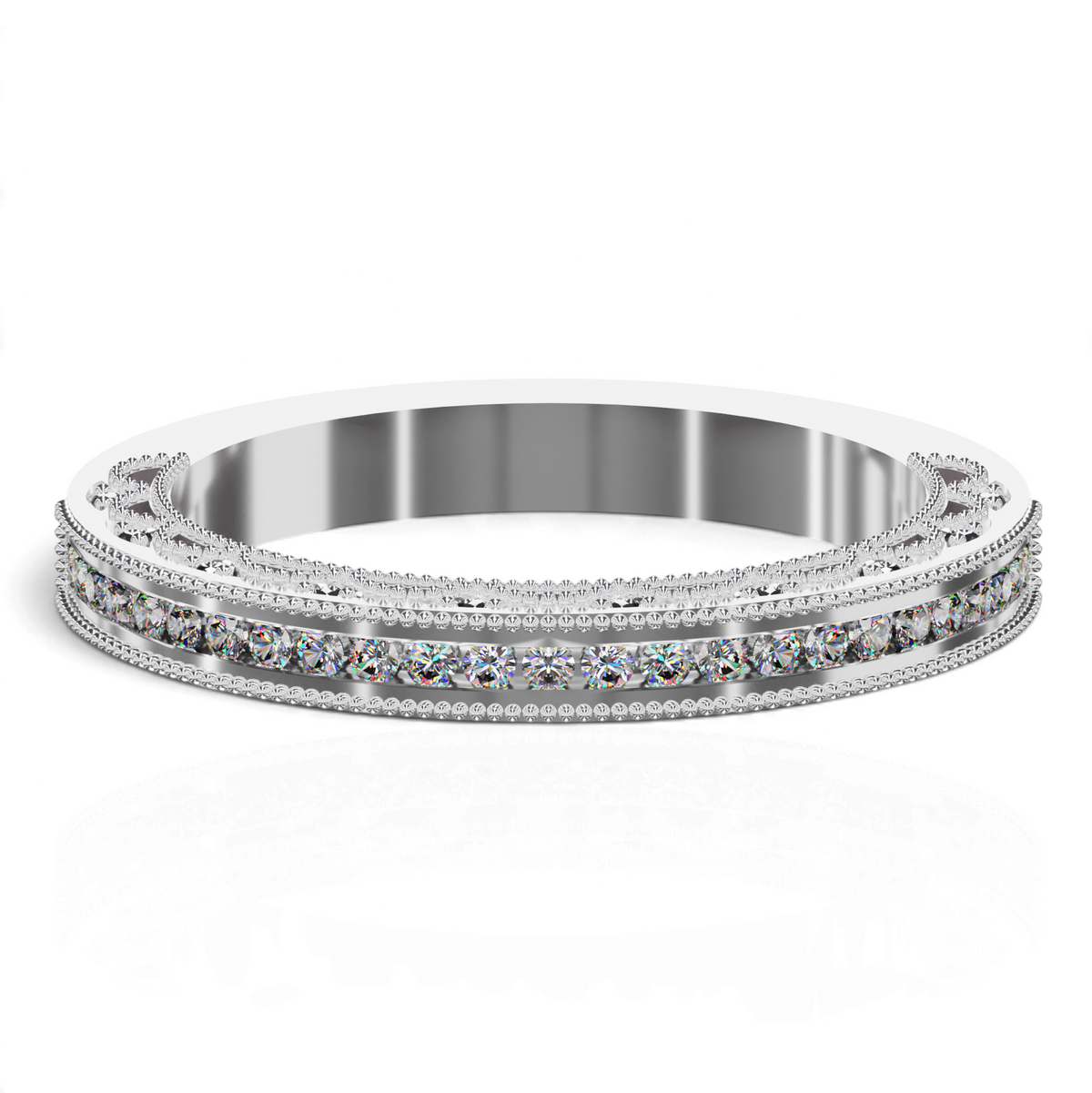 YFS Designs Rhaenyra diamond band featuring channel-set diamonds and intricate milgrain detailing in silver metal.