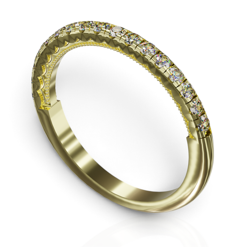YFS Designs Rosaline gold wedding band featuring a row of brilliant-cut diamonds and intricate side milgrain detail.