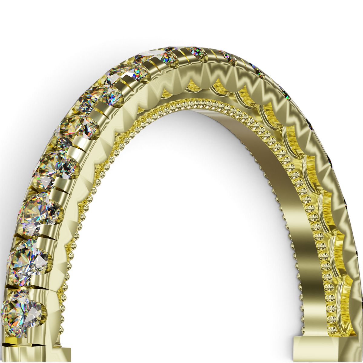 YFS Designs Rosaline vintage-inspired 2mm gold wedding band with brilliant-cut diamonds and hidden milgrain detailing.