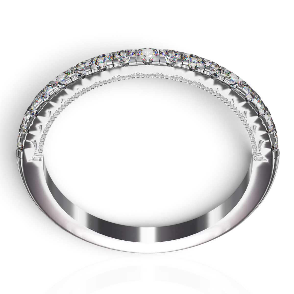 YFS Designs Rosaline diamond wedding band with hidden milgrain detailing and brilliant-cut diamonds in 14K white gold.